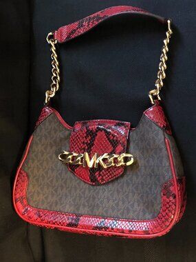 Authentic Michael Kors Signature Monogram Shoulder Bag with Red Snakeskin Trim